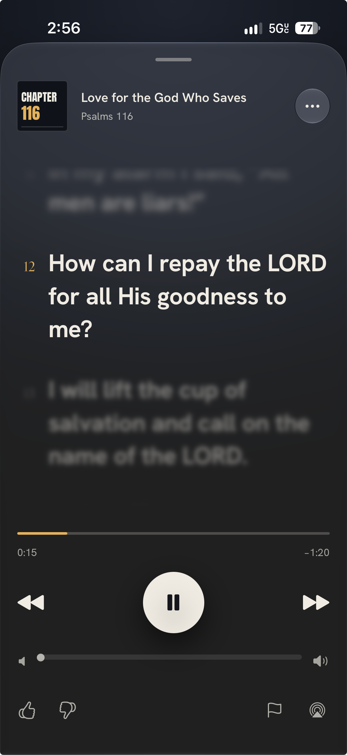 Psalm 116 playing in Rap Bible, with verse 12 lit in cream and the verses around it falling out of focus